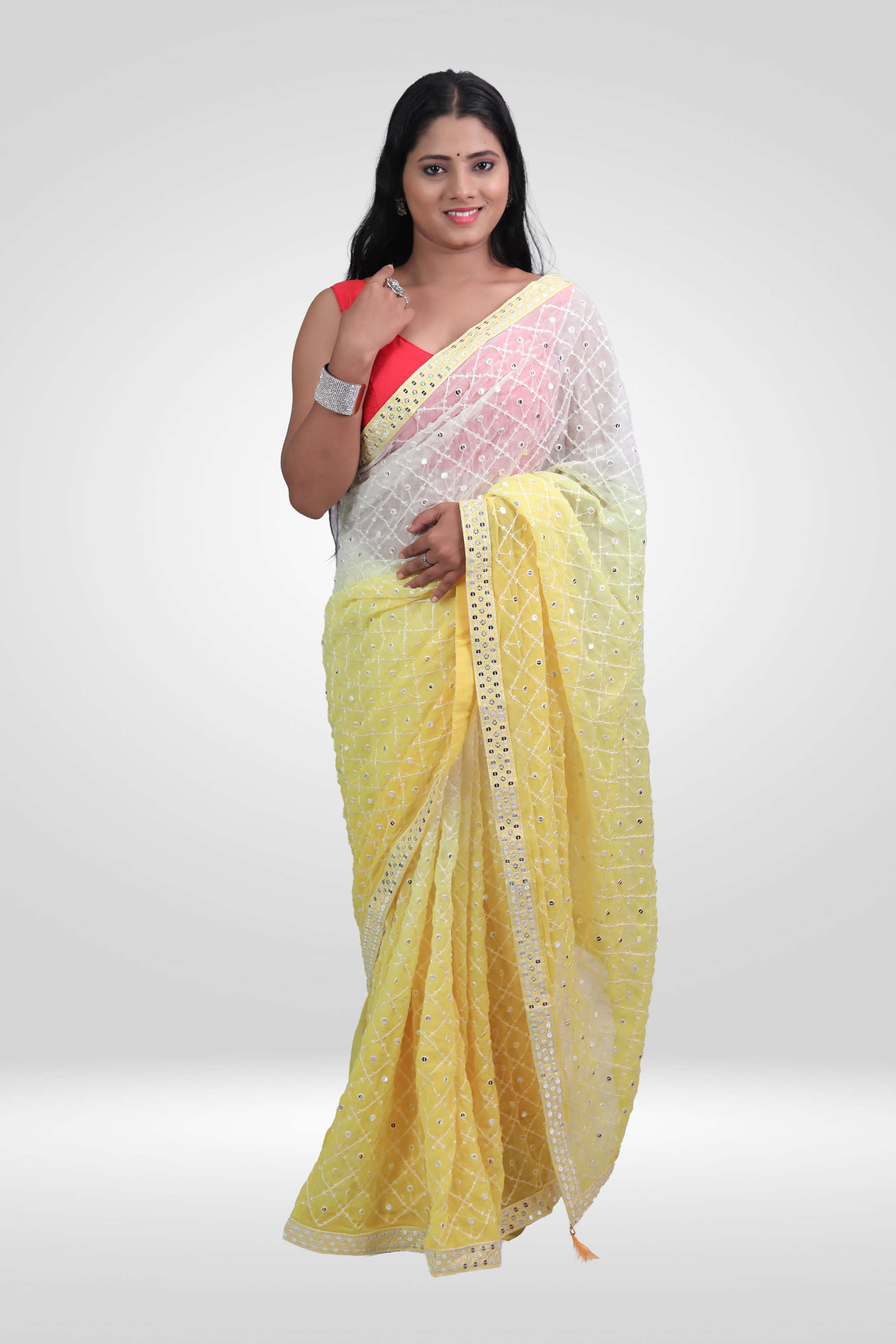 Lemon Pearl Mirrorwork Saree