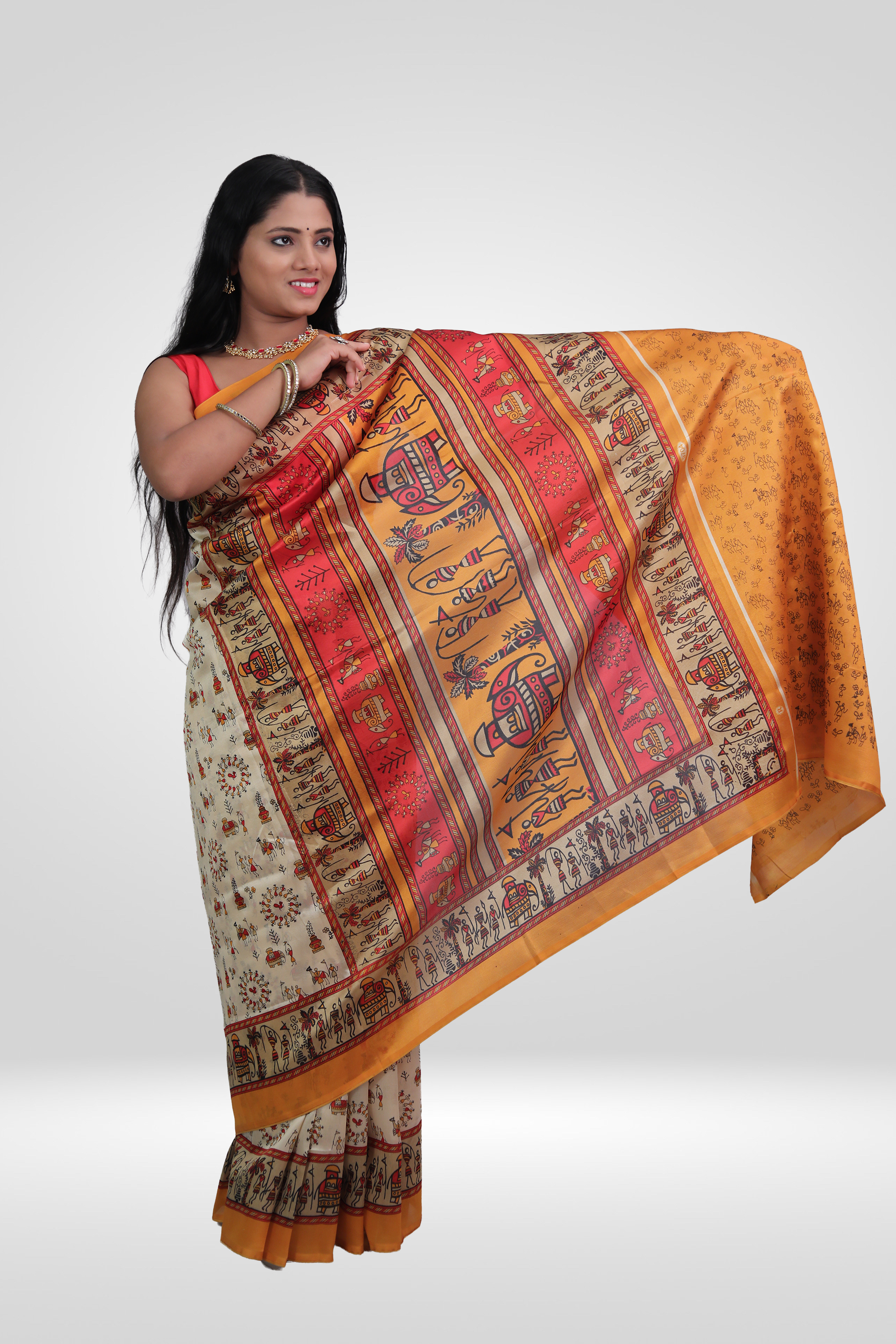 Tribal Rangoli Art Silk Saree