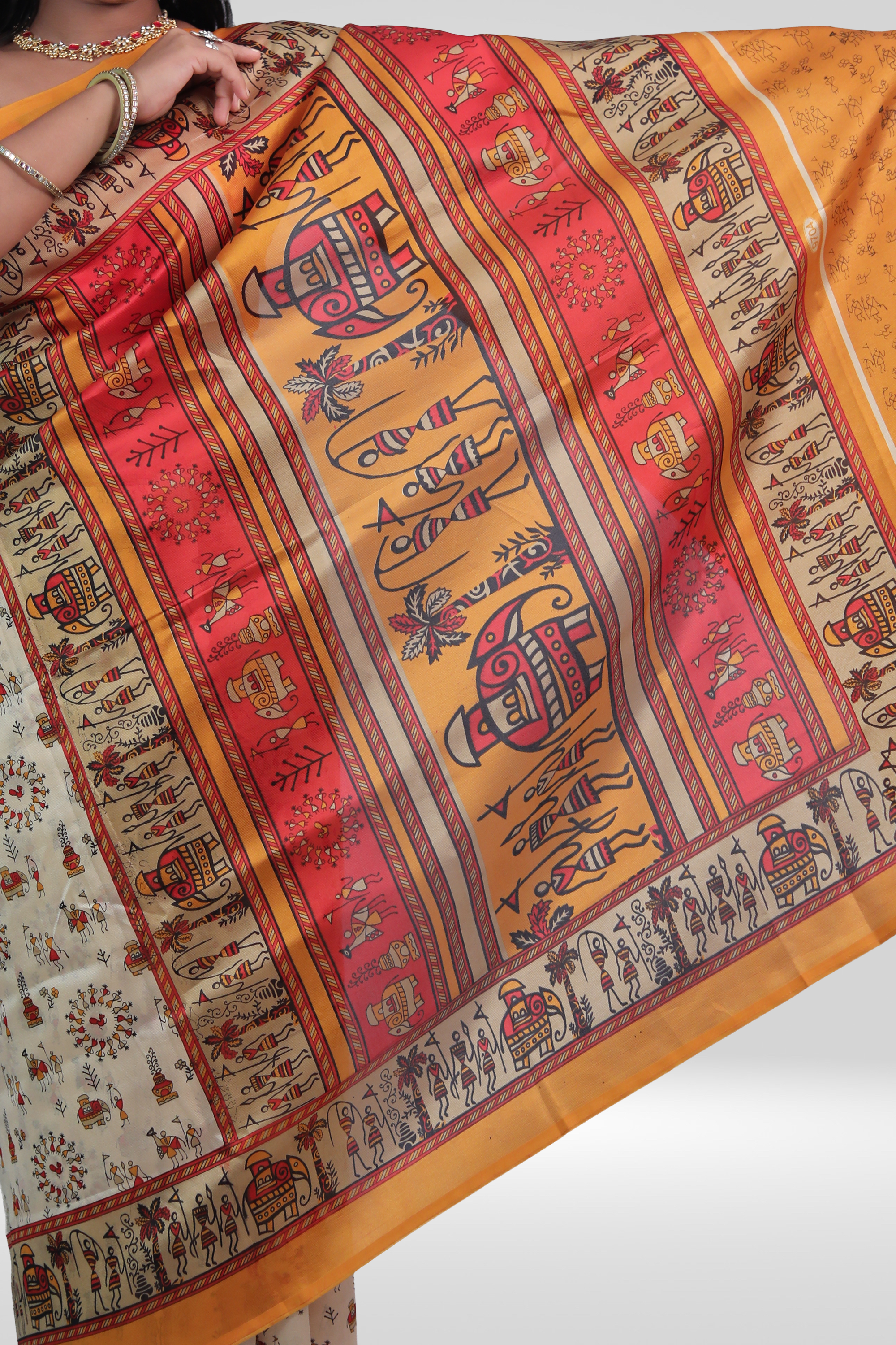 Tribal Rangoli Art Silk Saree