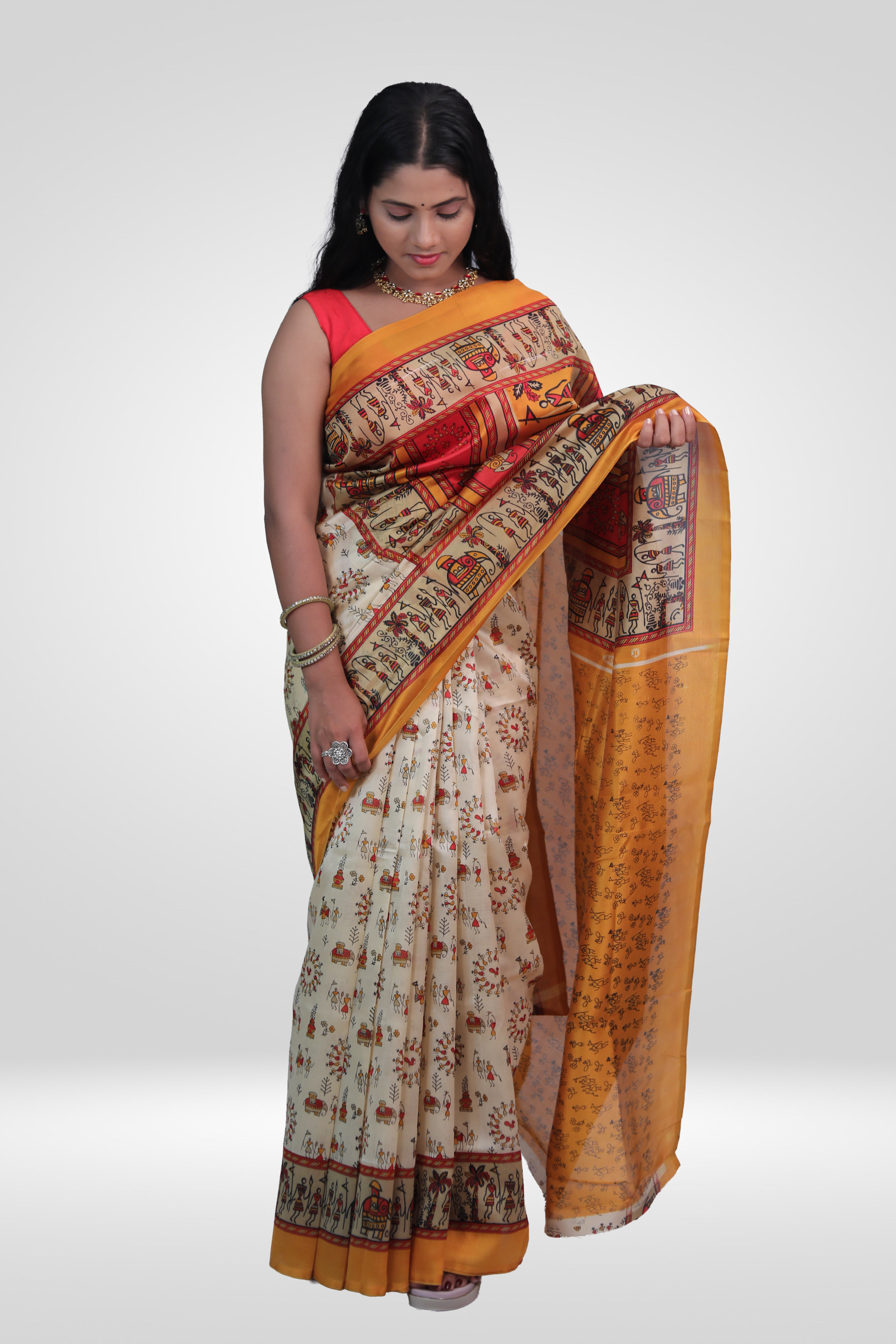 Tribal Rangoli Art Silk Saree