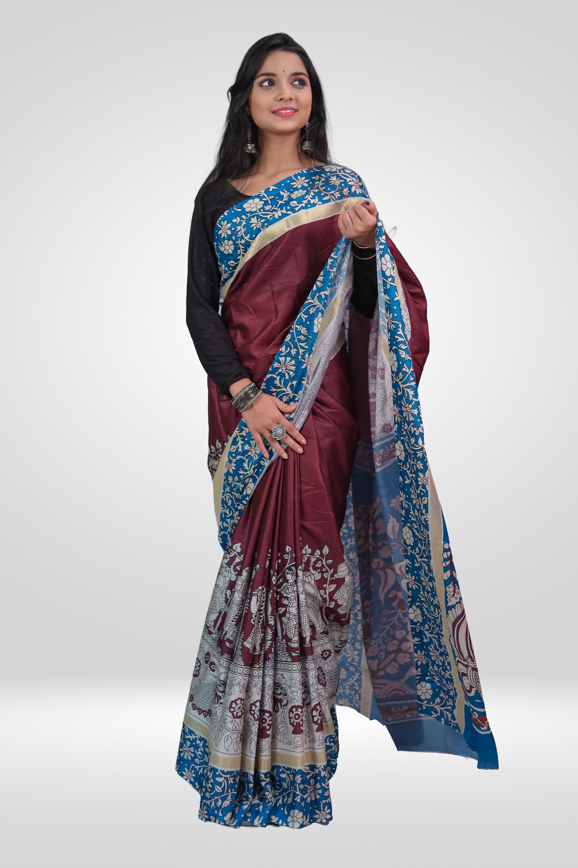 Royal Wine Blue Kalamkari Saree