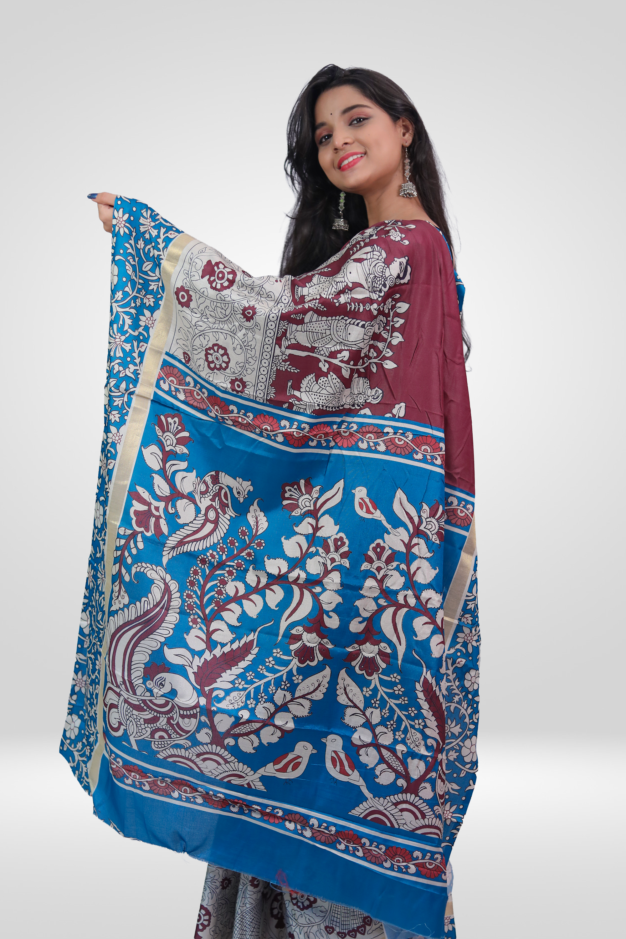 Royal Wine Blue Kalamkari Saree