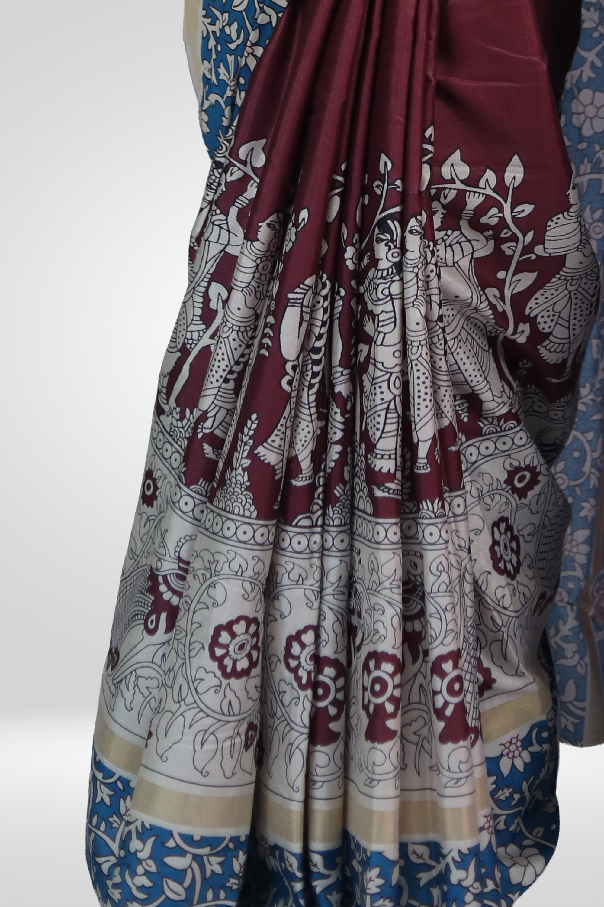 Royal Wine Blue Kalamkari Saree