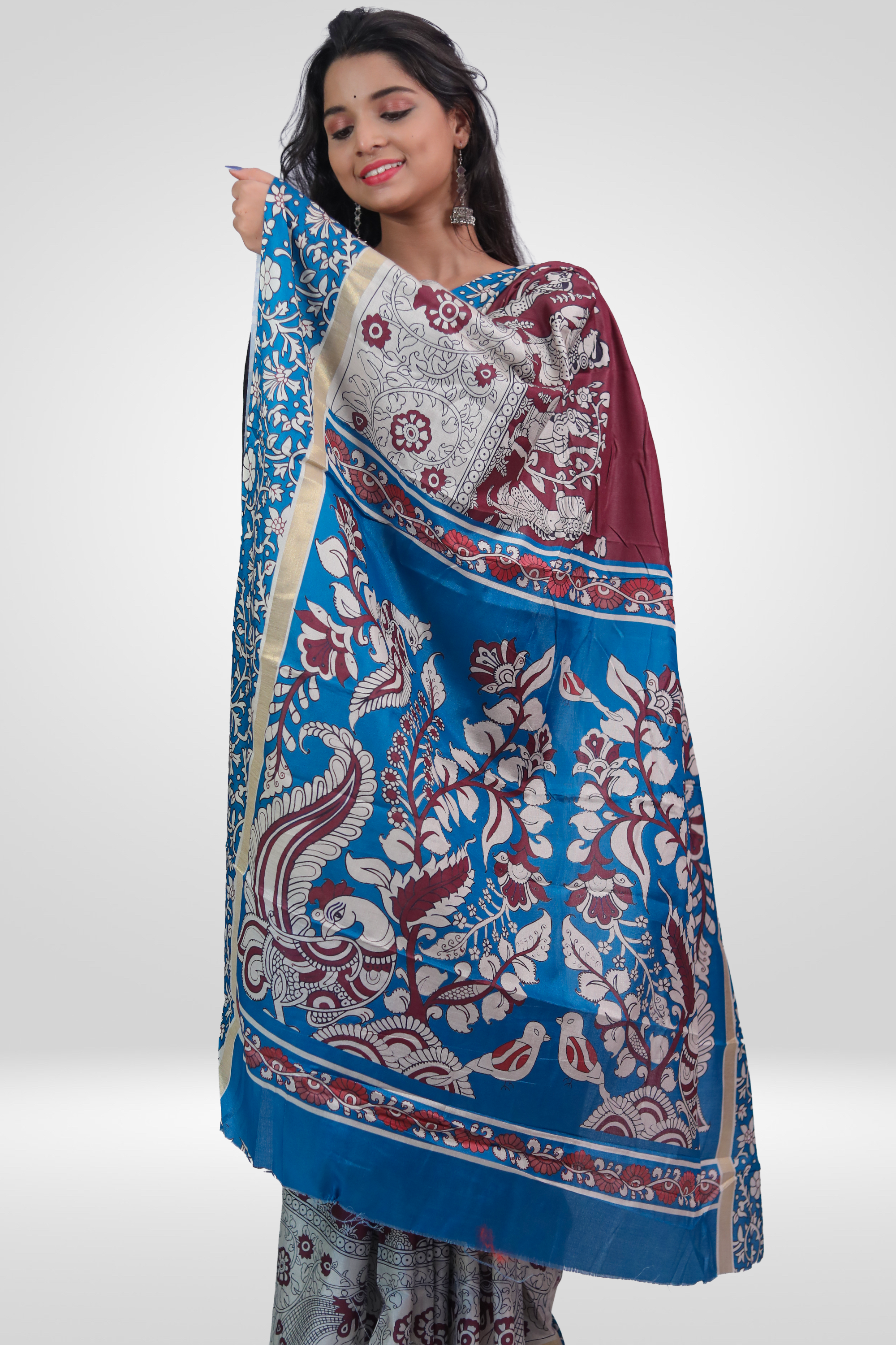 Royal Wine Blue Kalamkari Saree