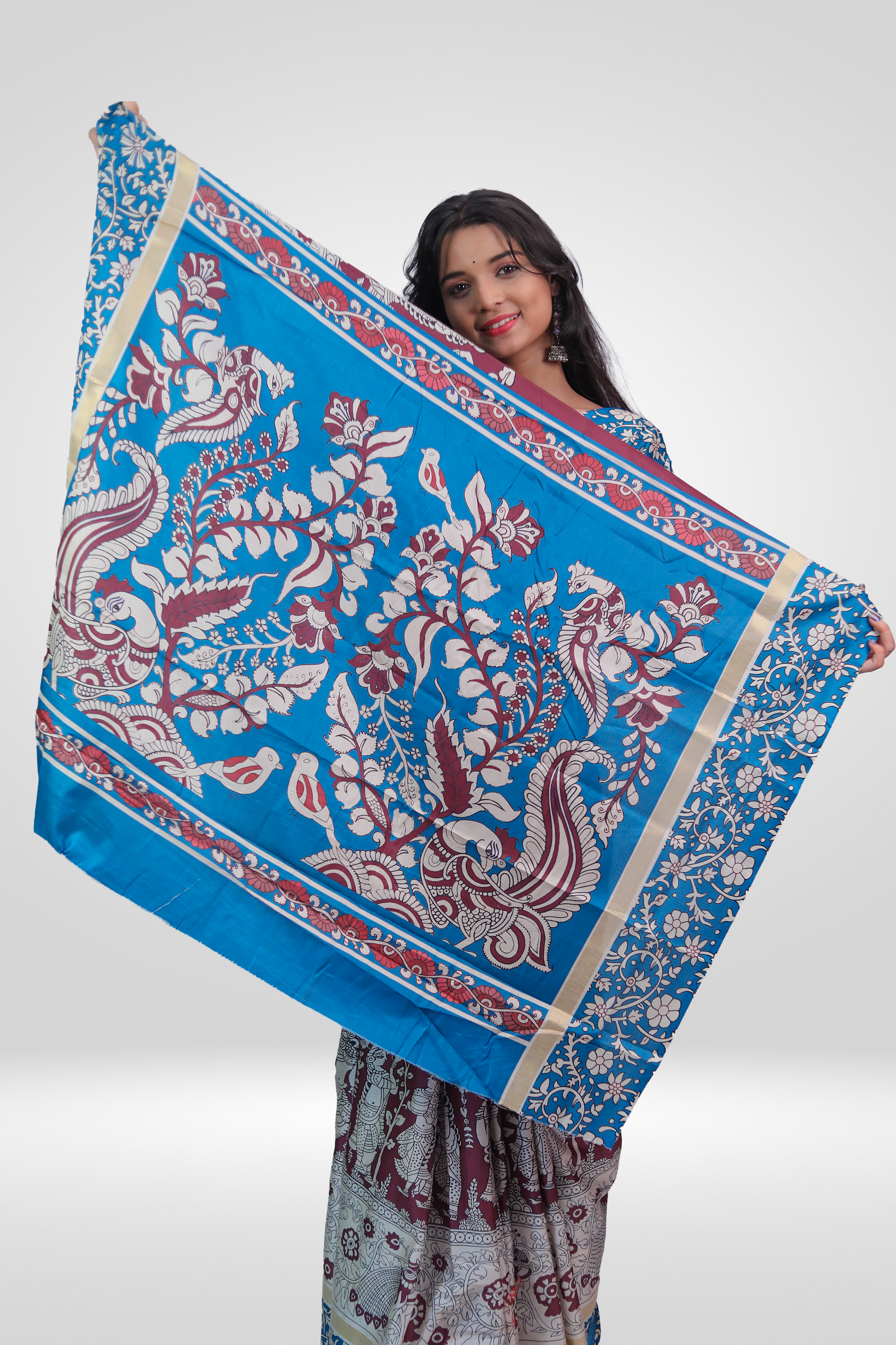 Royal Wine Blue Kalamkari Saree