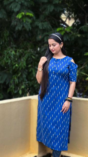 Blue Ikkat Cold-Shoulder Straight Kurti