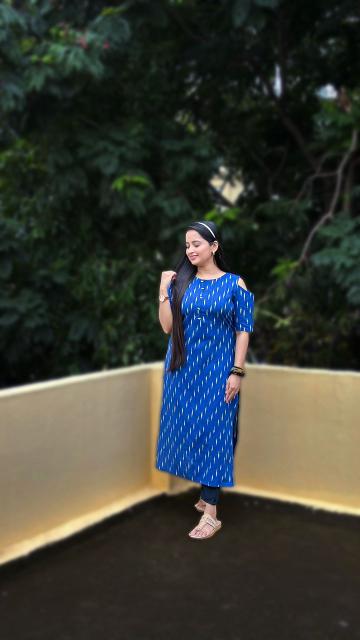 Blue Ikkat Cold-Shoulder Straight Kurti
