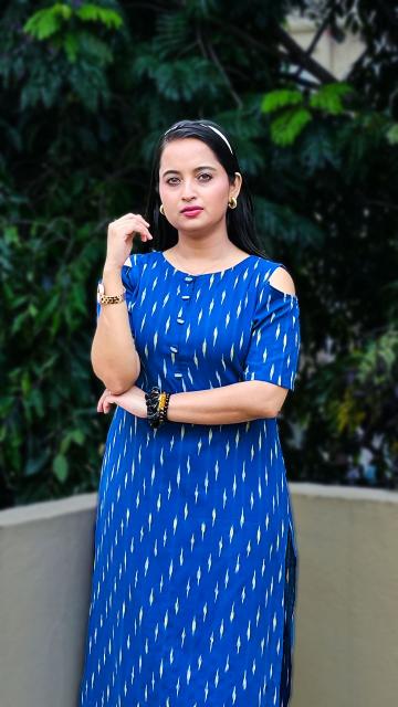 Blue Ikkat Cold-Shoulder Straight Kurti
