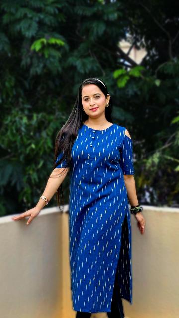 Blue Ikkat Cold-Shoulder Straight Kurti