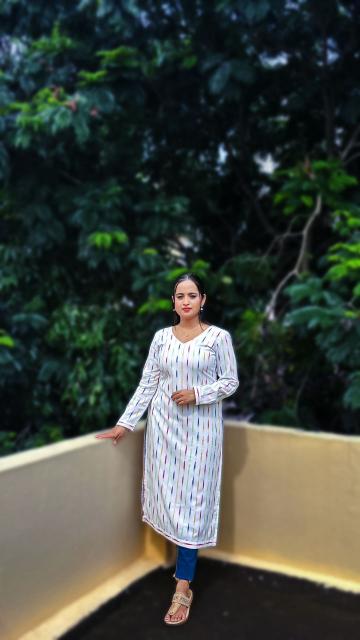 White Ikkat Straight Kurti