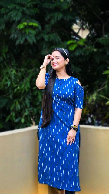 Blue Ikkat Cold-Shoulder Straight Kurti
