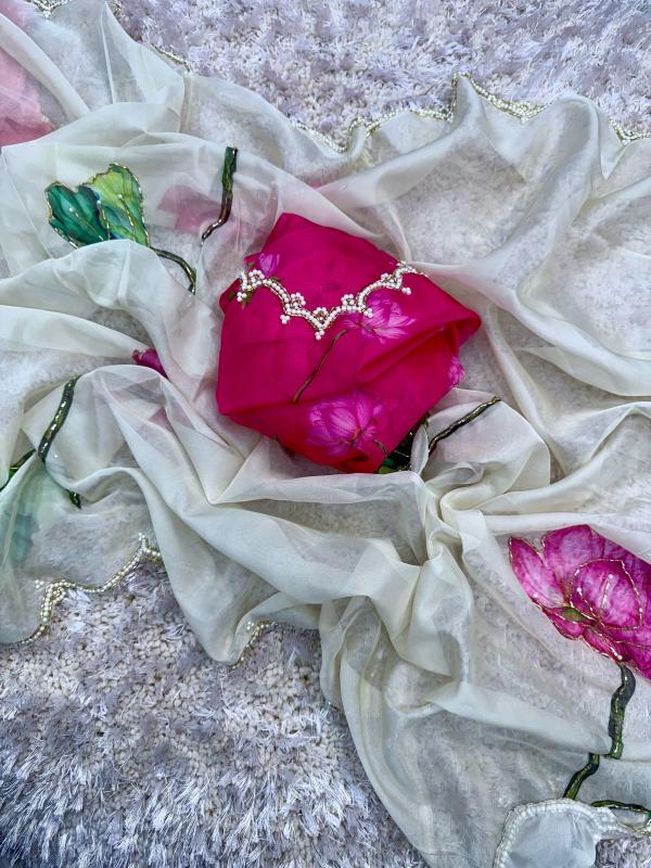 Ivory Blossom Organza Saree with Pearl Accent Blouse