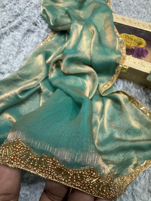 Seafoam Gold Shimmer Soft \Organza Saree