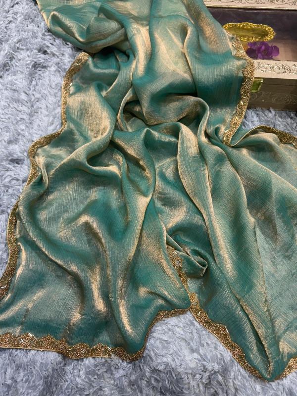 Seafoam Gold Shimmer Soft \Organza Saree