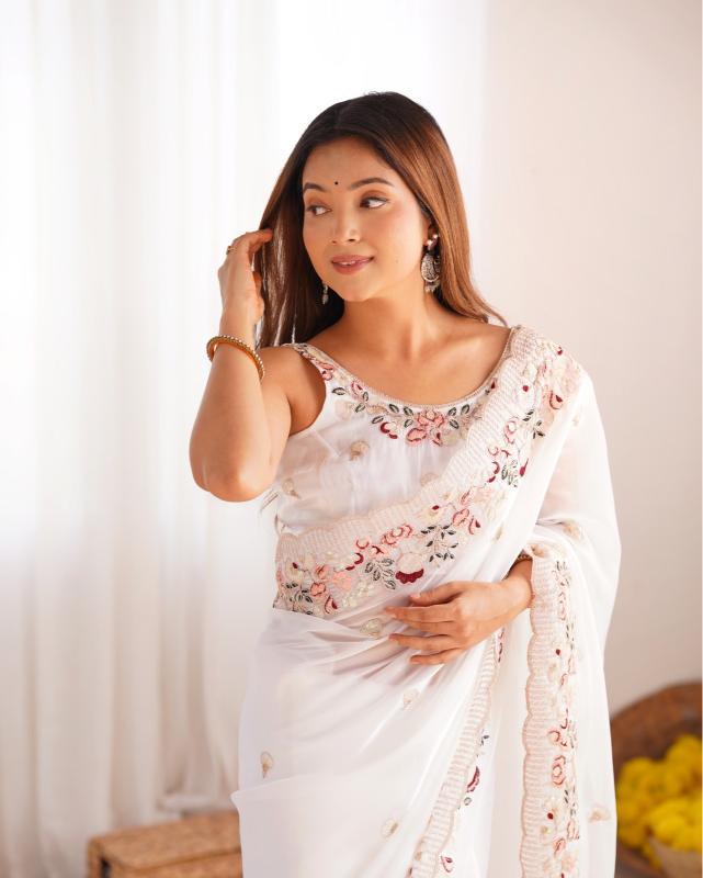 Ivory Blossom Embroidered Saree