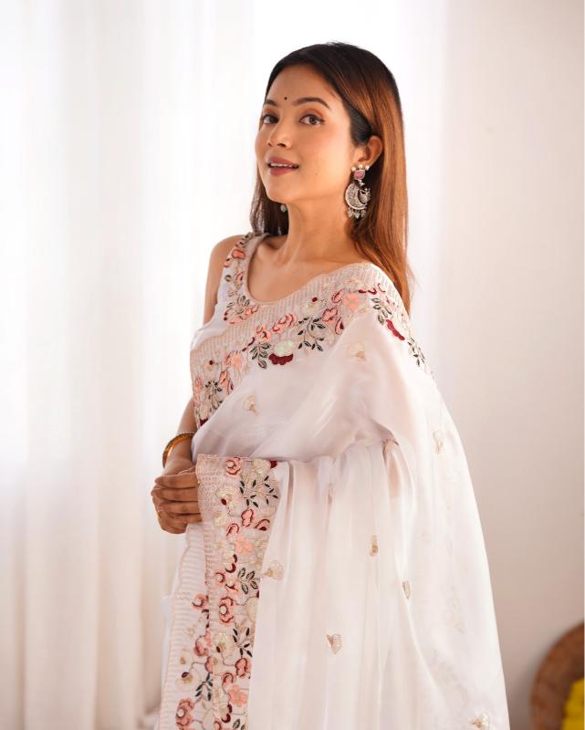 Ivory Blossom Embroidered Saree