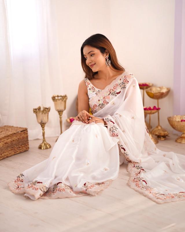 Ivory Blossom Embroidered Saree