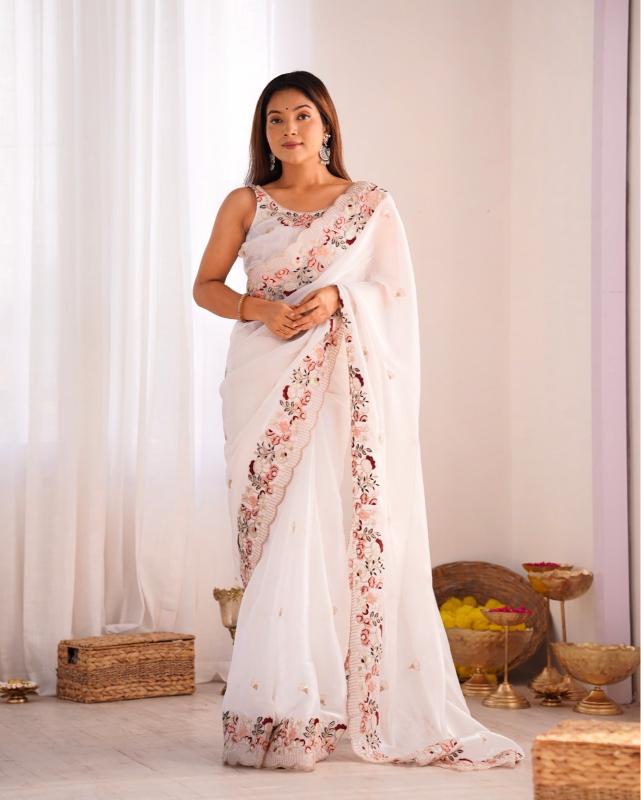 Ivory Blossom Embroidered Saree