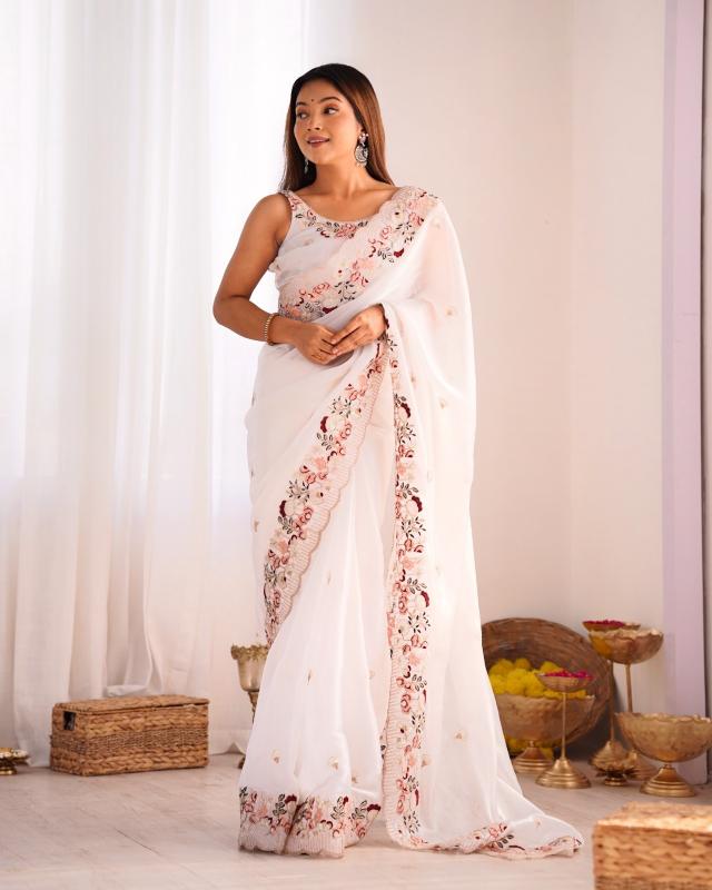 Ivory Blossom Embroidered Saree