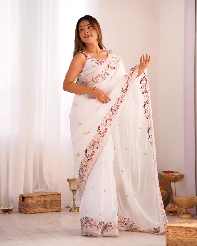Ivory Blossom Embroidered Saree