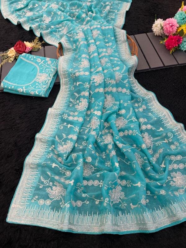 Aqua Silver Bloom Embroidered Saree