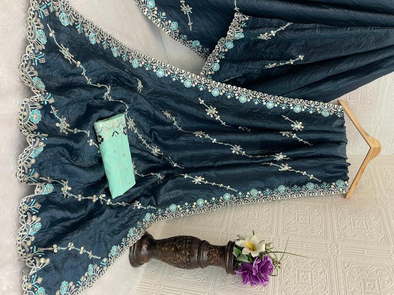 Midnight Aqua Bloom Embroidered Saree