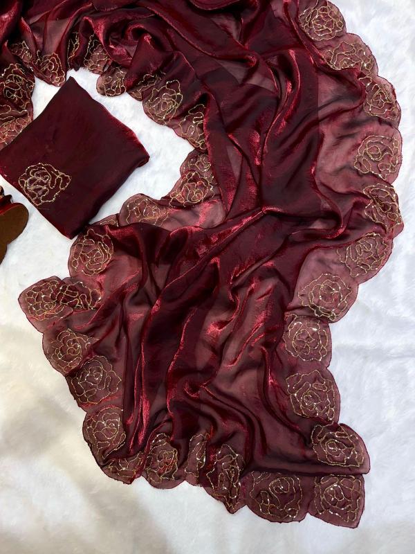 Burgundy Rose Hand-Embroidered Organza Saree