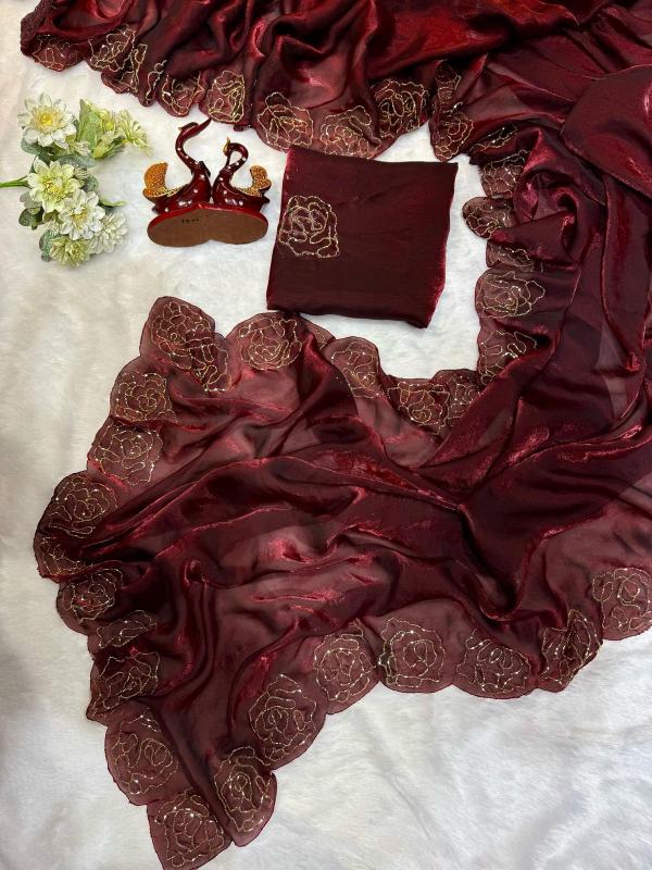 Burgundy Rose Hand-Embroidered Organza Saree