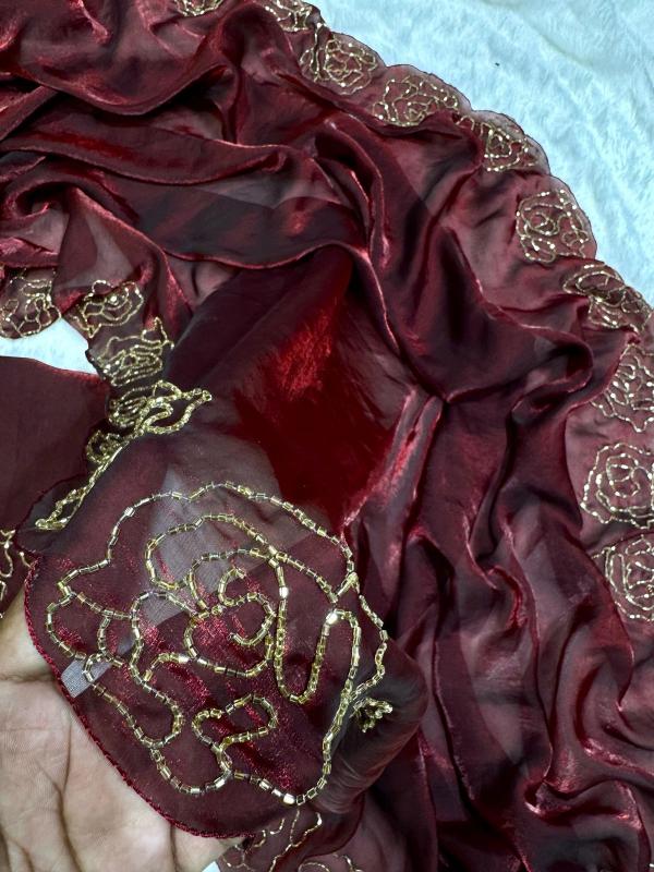 Burgundy Rose Hand-Embroidered Organza Saree