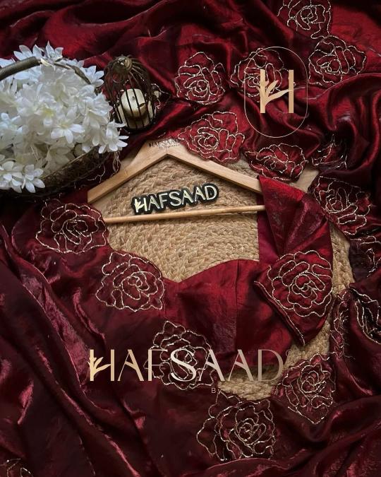 Burgundy Rose Hand-Embroidered Organza Saree