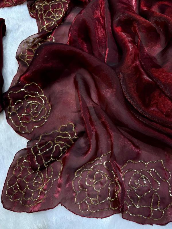 Burgundy Rose Hand-Embroidered Organza Saree