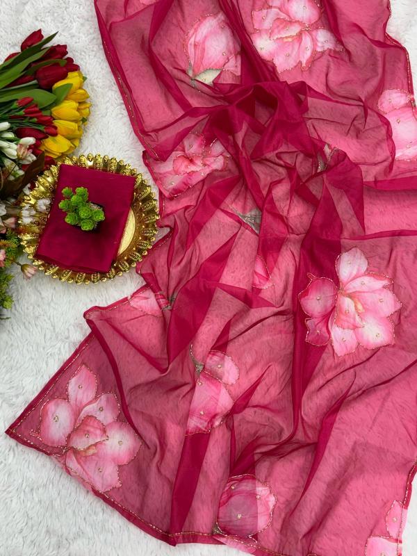 Rose Petal Bloom Organza Saree
