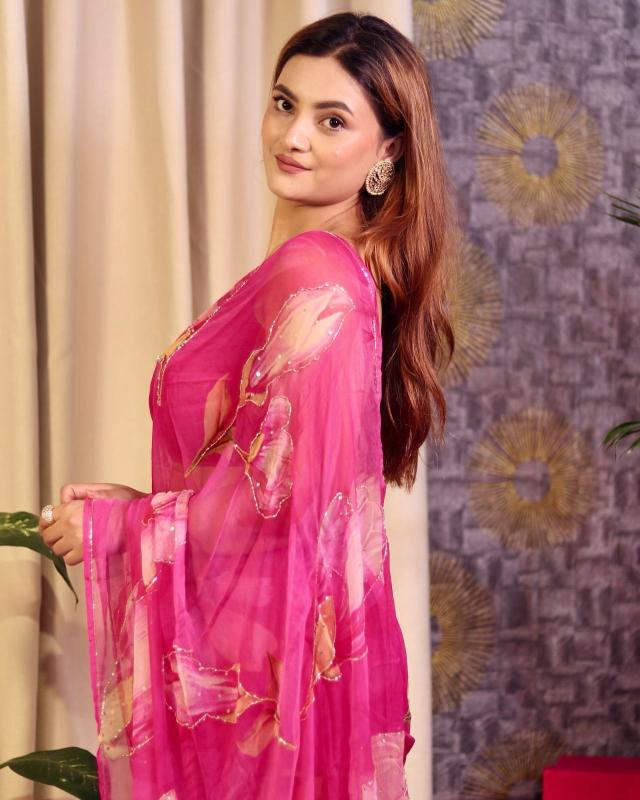 Rose Petal Bloom Organza Saree