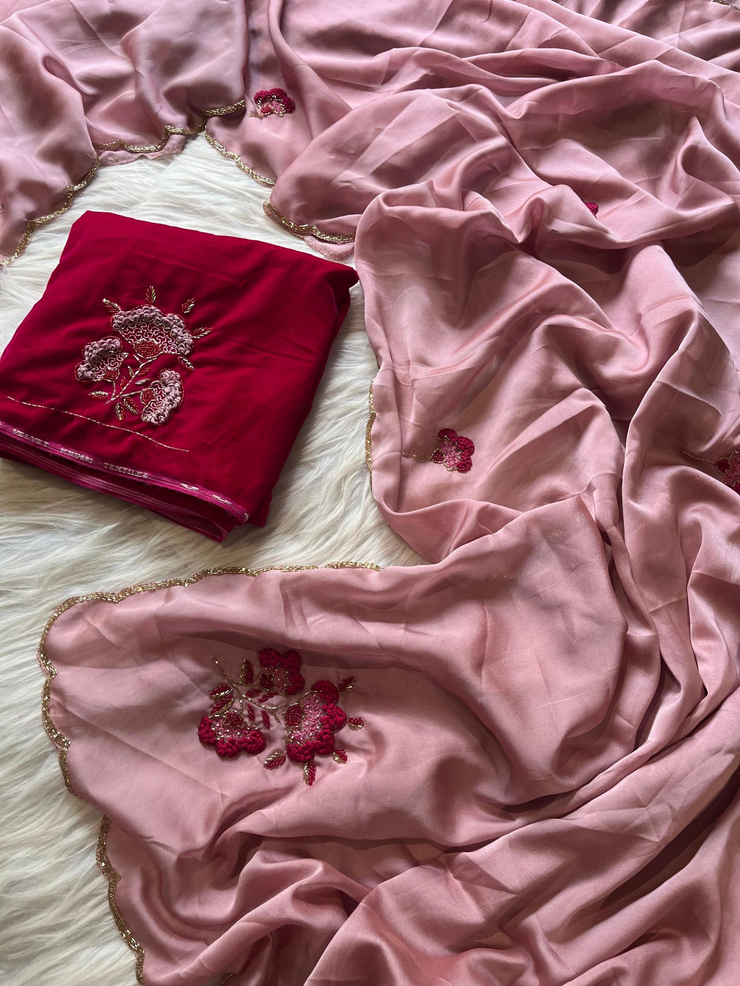 Blush Rose Soft Organza Saree with Ruby Velvet Blouse