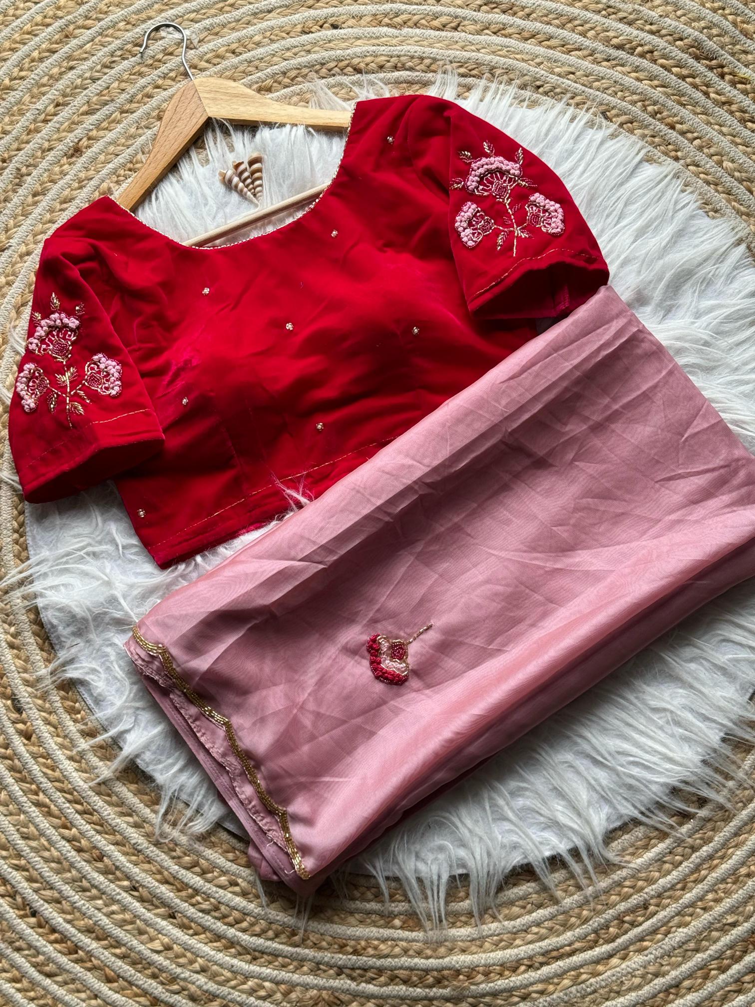 Blush Rose Soft Organza Saree with Ruby Velvet Blouse