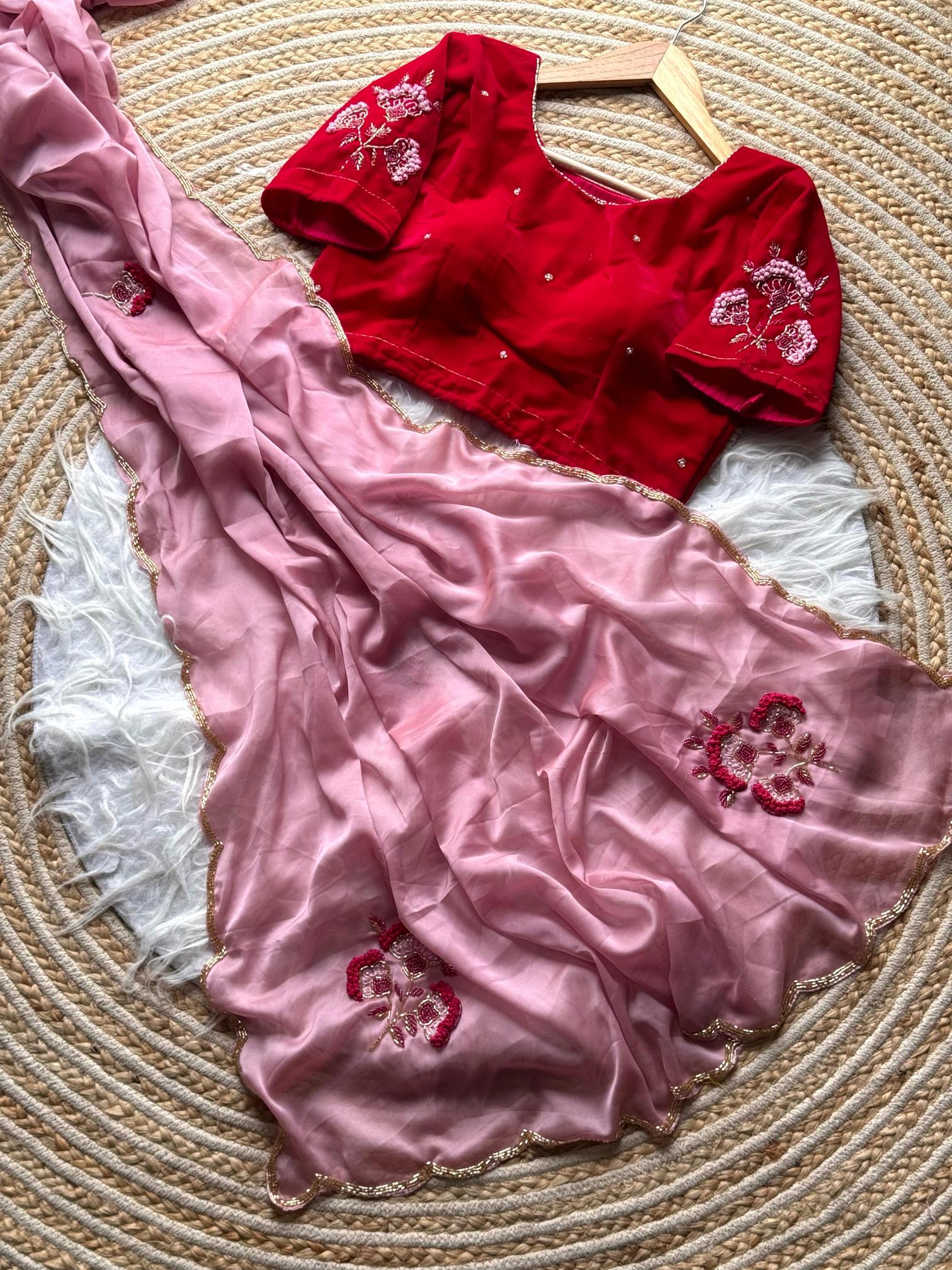 Blush Rose Soft Organza Saree with Ruby Velvet Blouse