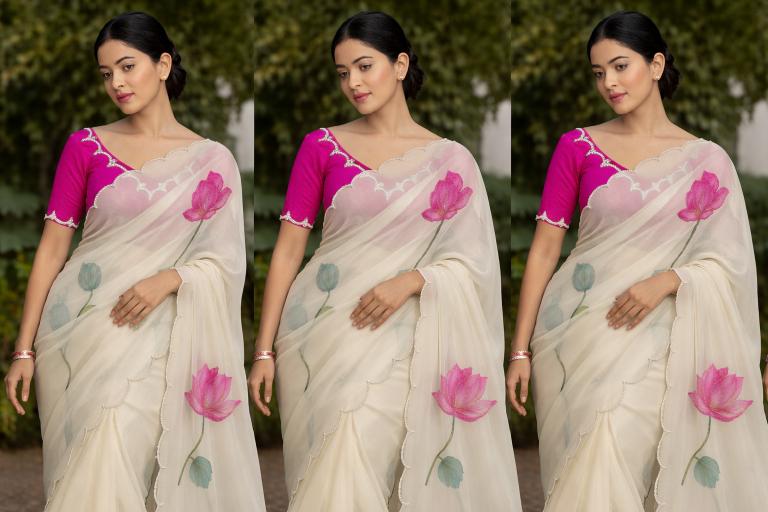 Ivory Blossom Organza Saree with Pearl Accent Blouse