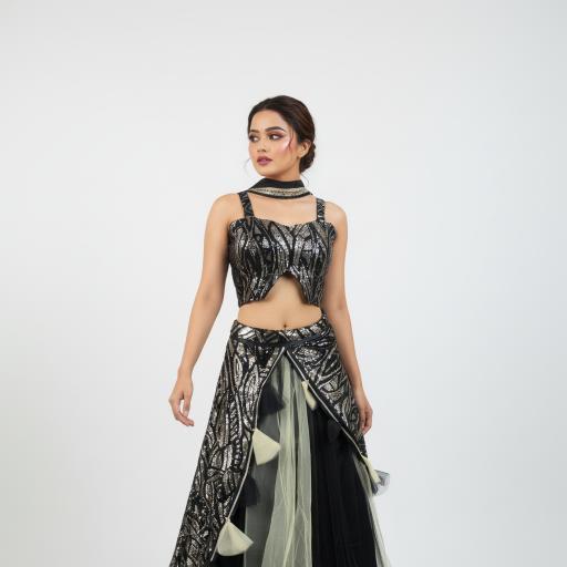 Black and Silver Sequins Embroidered Indo Western Lahenga Set