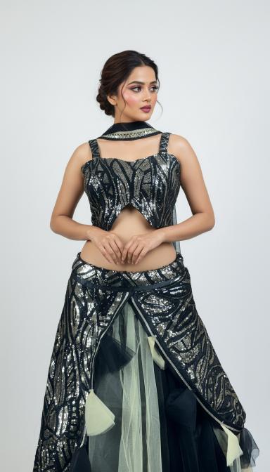 Black and Silver Sequins Embroidered Indo Western Lahenga Set
