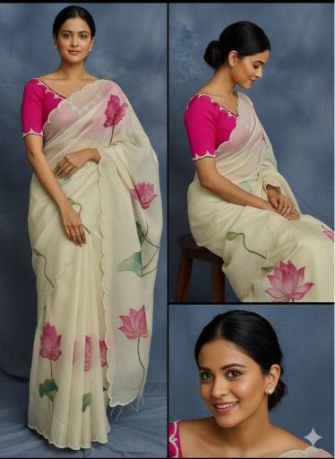 Ivory Blossom Organza Saree with Pearl Accent Blouse