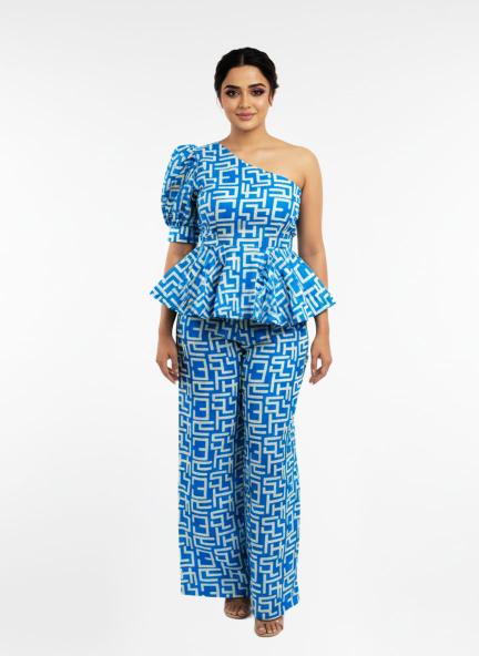 Blue One-Shoulder Peplum Co-ord Set