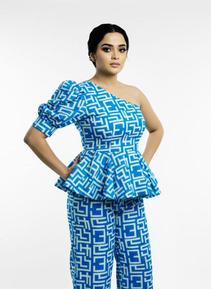 Blue One-Shoulder Peplum Co-ord Set