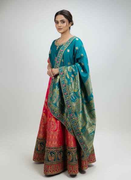 Royal Teal & Crimson Banarasi Lehenga Set