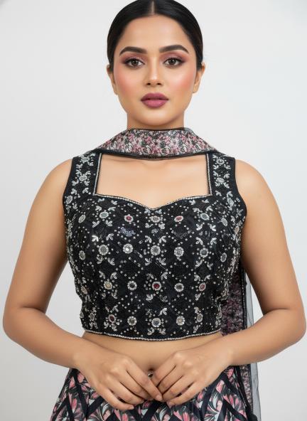Black mirror work multi colour indo western lahenga.