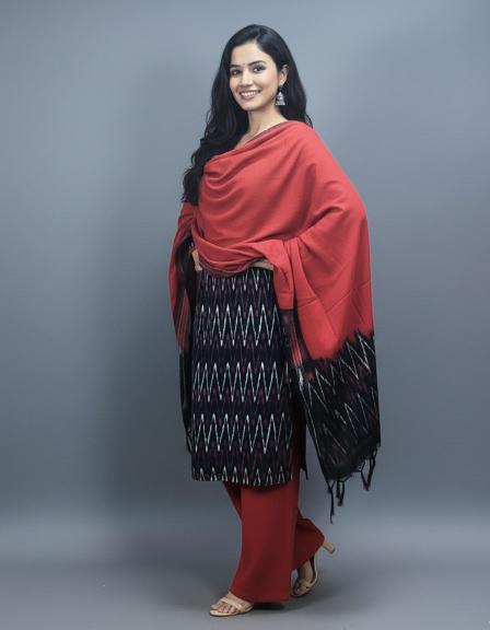 Black Sambalpuri Zig-Zag Ikat Kurti Set with Red Dupatta