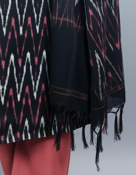 Black Sambalpuri Zig-Zag Ikat Kurti Set with Red Dupatta