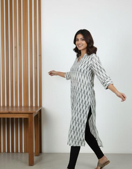Grey Ikkat Straight Kurti