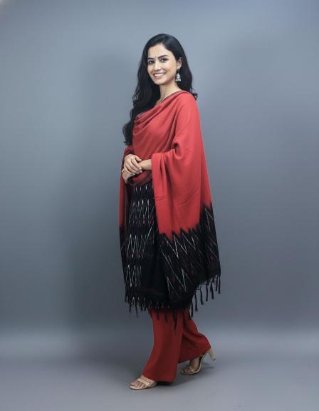 Black Sambalpuri Zig-Zag Ikat Kurti Set with Red Dupatta